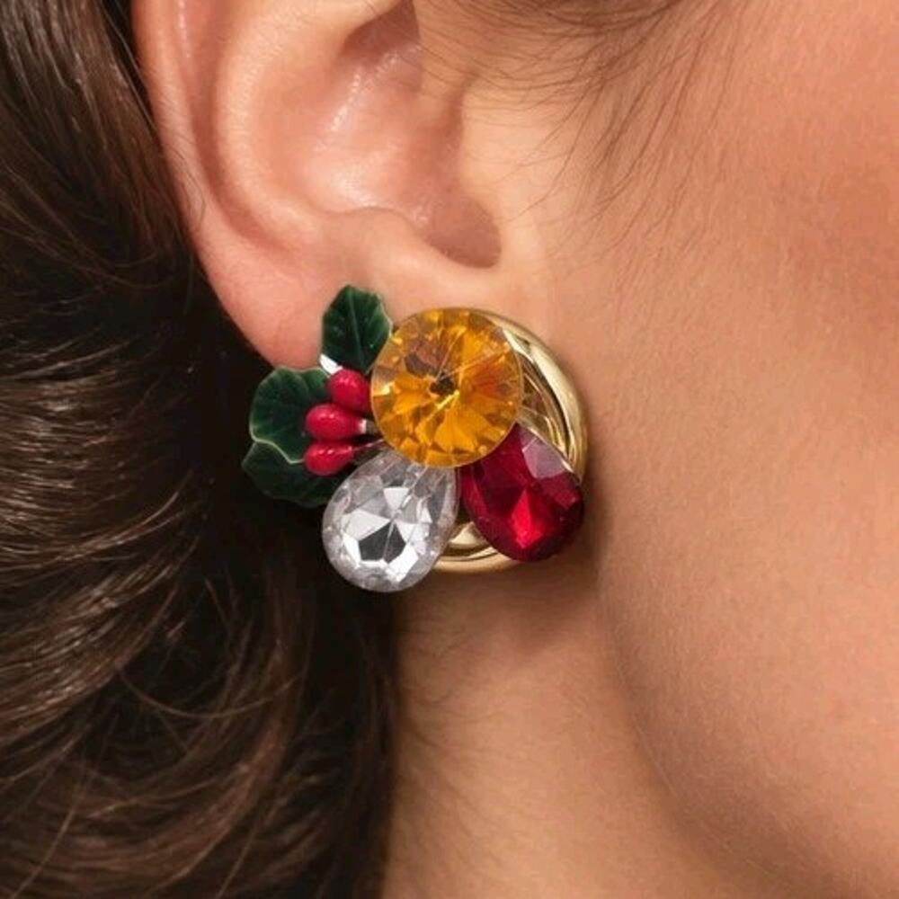Vintage Christmas Rhinestone Clip On Earrings Holly Berry Red Green Amber Clear